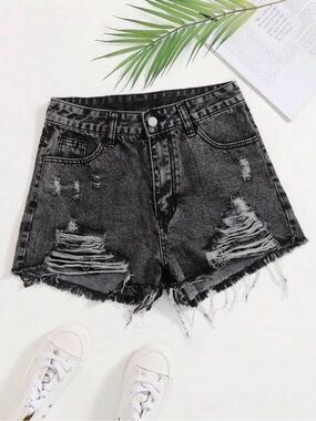 High-Waist Distressed Black Denim Shorts